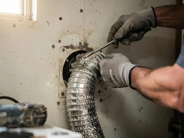 San Jacinto Dryer Vent Cleaning technician performing precise dryer vent hose installation in San Jacinto